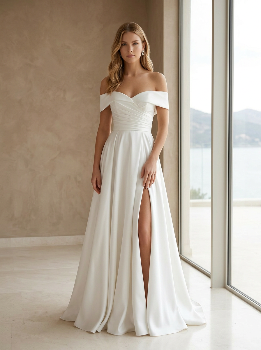Abcdress White Off-the-Shoulder Draped Satin A-Line Floor-Length Dress with Thigh Split Wedding Dress