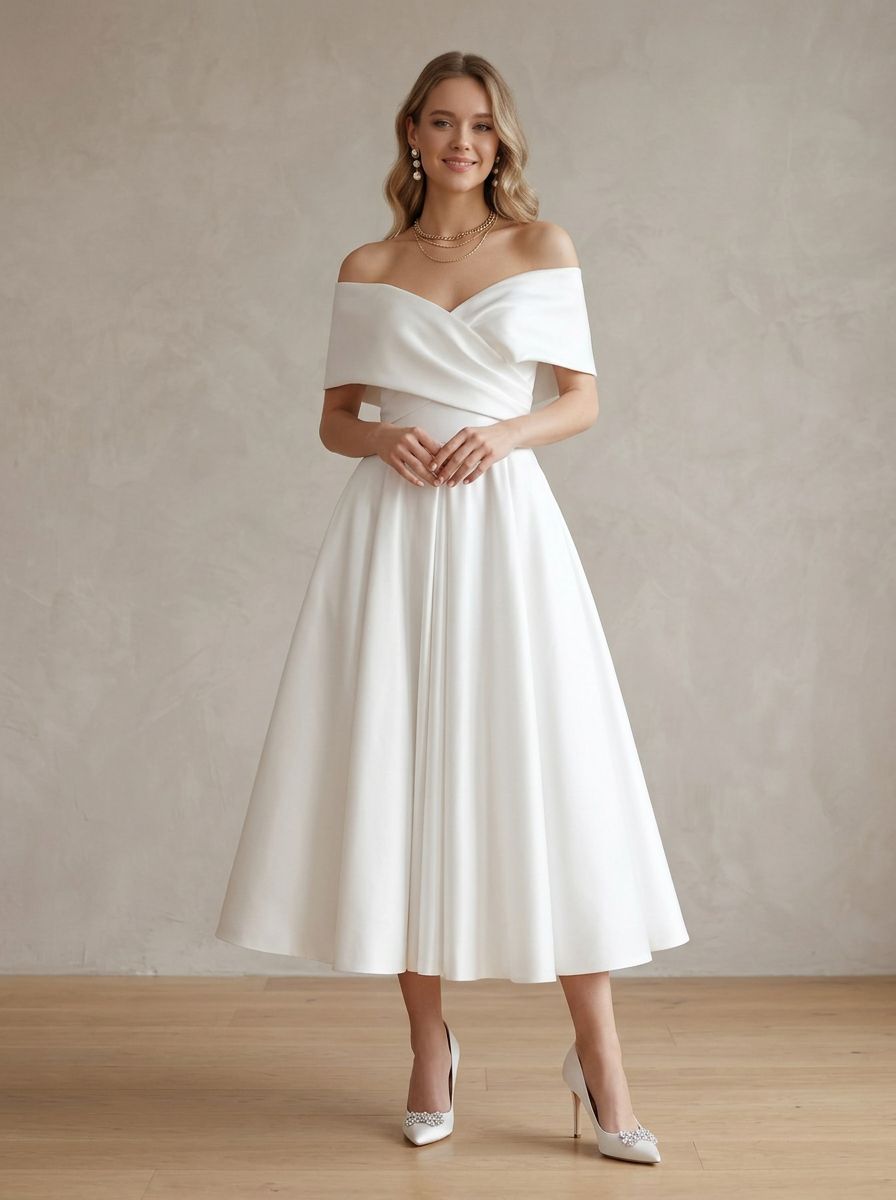 ABCDRESS White Off-the-Shoulder Wrap Satin A-Line Mid-Calf Dress Wedding Dress – Abcdress