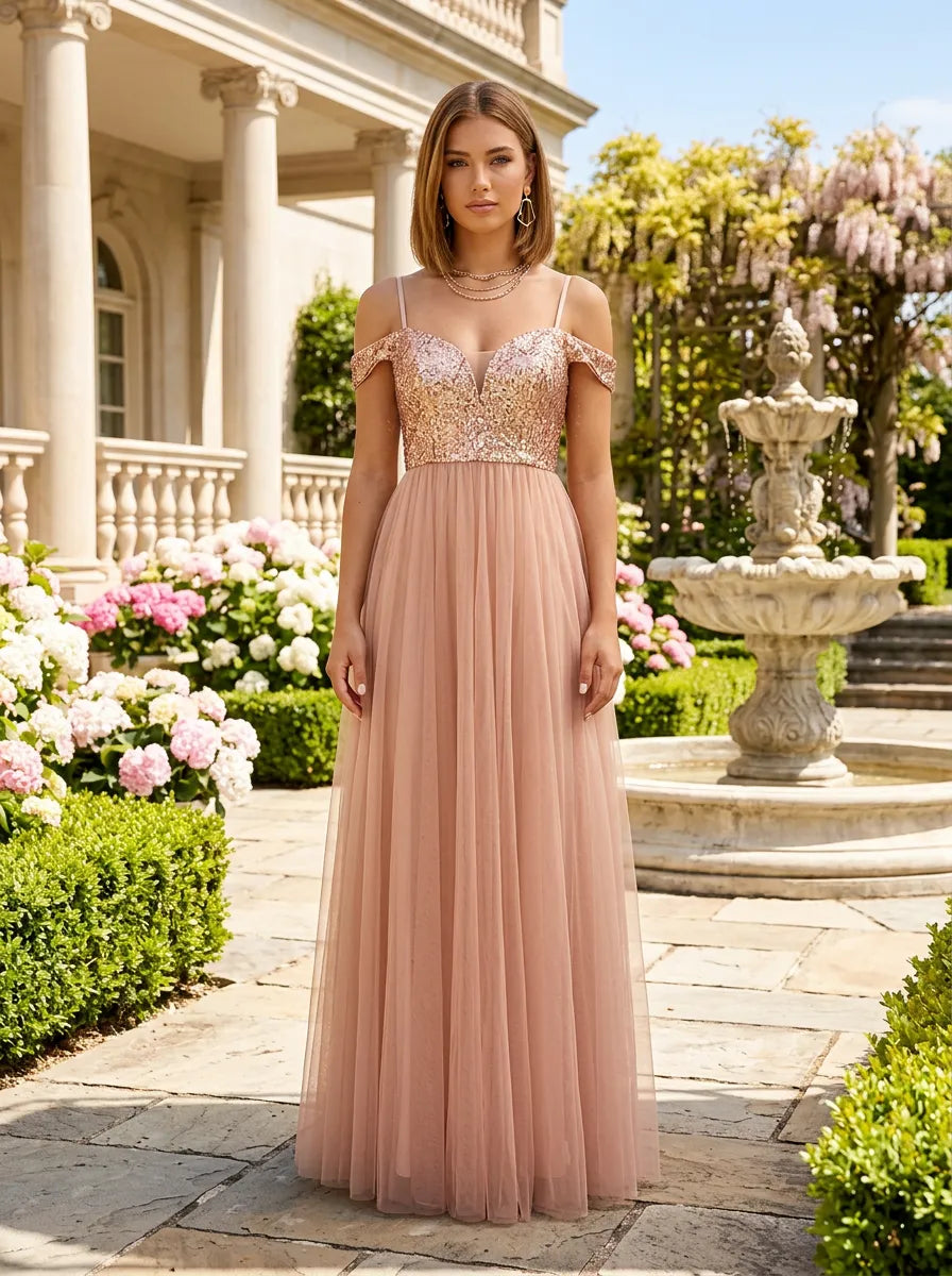 ABCDRESS Radiant Rose Gold Sequin Off-Shoulder Tulle A-Line Gown Prom Dresses – Abcdress